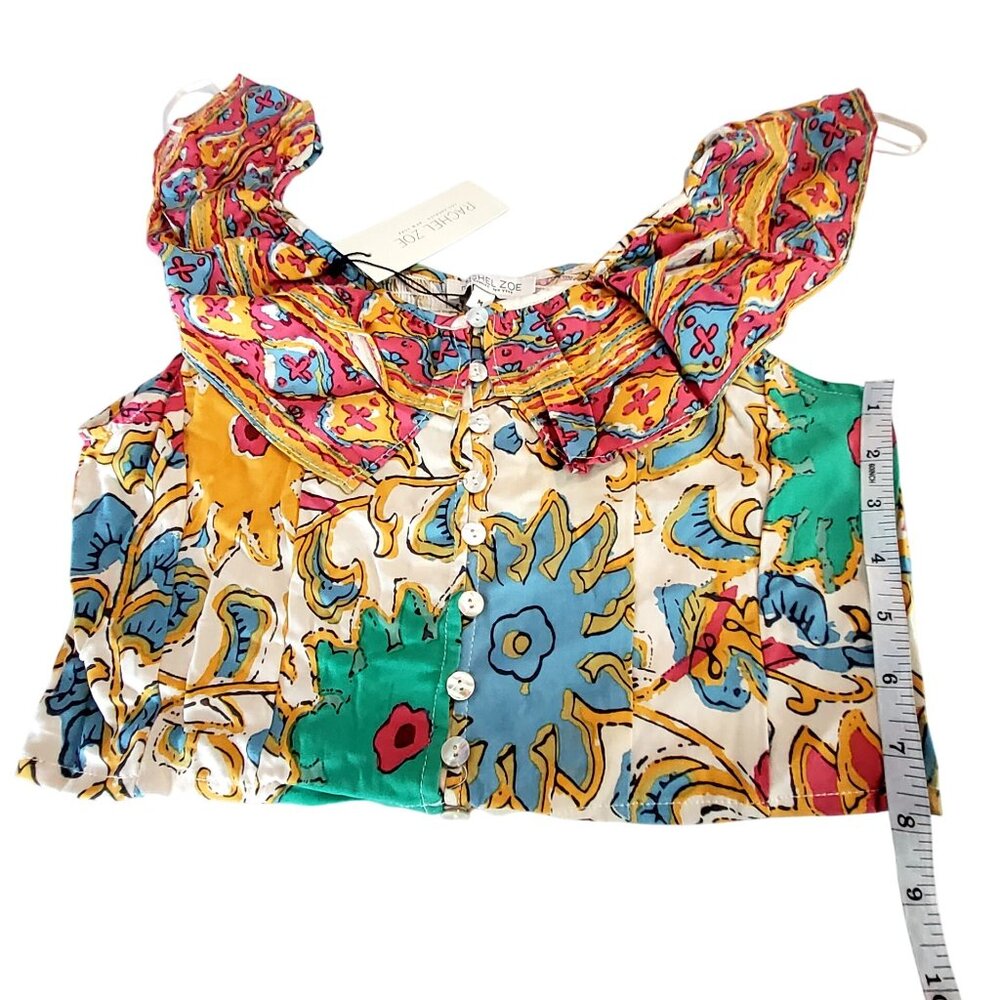 Rachel Zoe Womens Multicolor Floral Button Front Crop Top M ruffled neckline - Picture 4 of 8